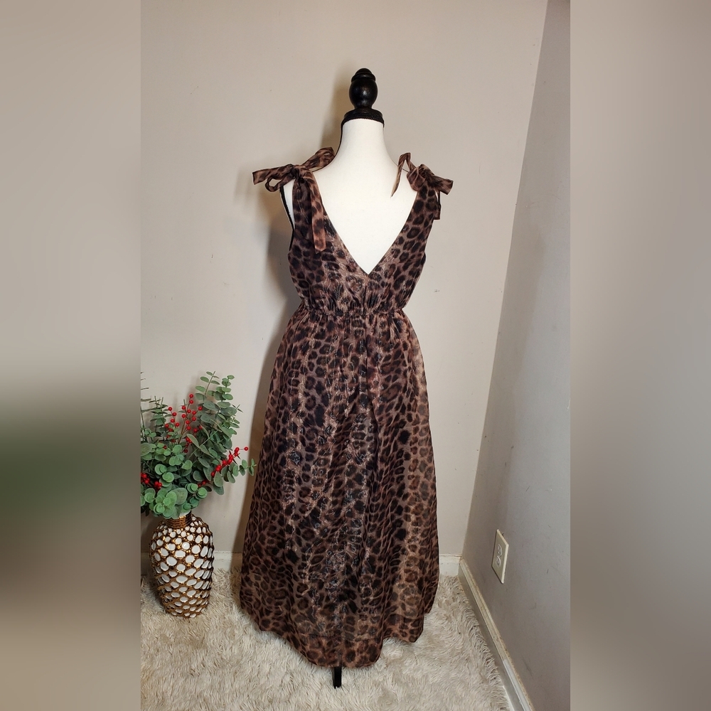 Anthropologie Daniel Rainn Organza Leopard Print V-Neck  Maxi Dress Size S - Picture 9 of 15